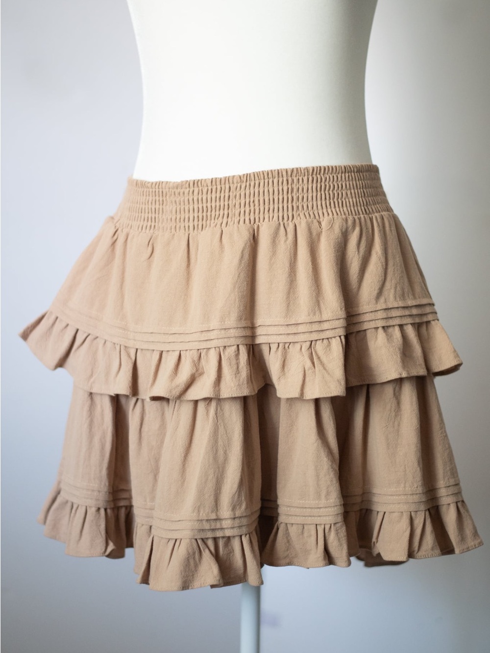 Beige Tiered Ruffle Mini Skirt with Shirred Waist